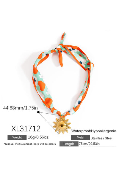 Women's Boho Geometric Scarf Necklace with Gold Sun Pendant