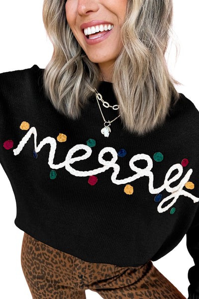 Women's Black Christmas Dolman Sweater with Colorful Dot Details - Cozy Holiday Fashion for Festive Gatherings