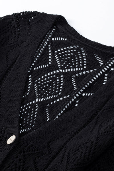 Chic Women's Black Hollow-Out Knit Cardigan for Stylish Layering - Lightweight, Openwork Design, Perfect for All Seasons