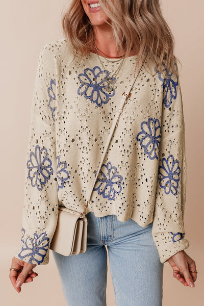 Chic Women's Beige Eyelet Sweater with Floral Print & Drop Shoulder Design for Effortless Casual Style
