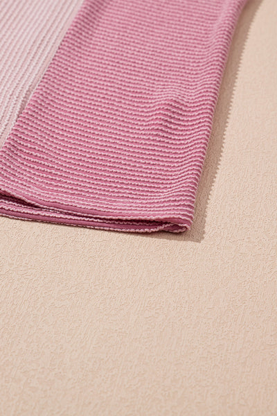 Women's Pink Ribbed Colorblock Henley Pullover with Half-Placket