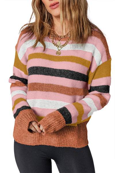 Cozy Women's Pink Stripe Drop Shoulder Sweater - Casual Crew Neck for Effortless Chic Style and Comfort