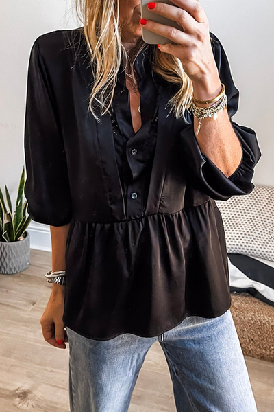 Women's Black Satin Peplum Blouse with Lace Insert Neckline and 3/4 Sleeves Elegant Casual Top for Any Occasion