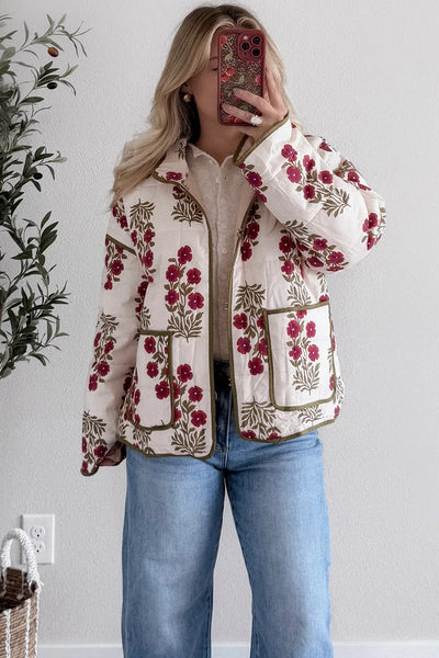 Cozy Women's Red Floral Quilted Winter Jacket with Contrast Trim - Stylish Outerwear for Cold Weather Adventures made for easy styling and wardrobe