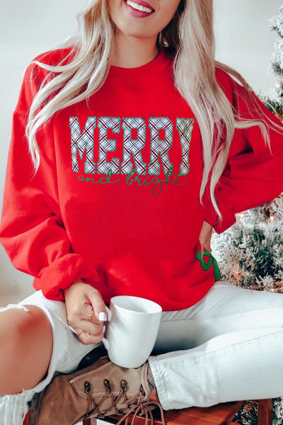 Festive Women's Fiery Red Christmas Sweatshirt with Plaid Detail, Embroidered Letters, and Sequin Bow Holiday Chic
