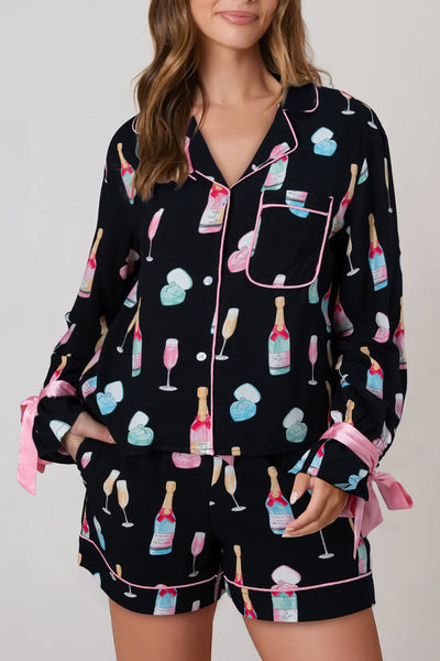 Women's Viscose Champagne and Ring Print Pajama Set with Silk Bows with practical styling and dependable silhouette control.