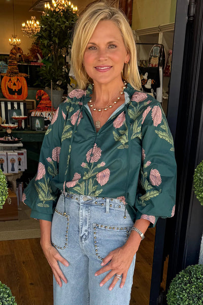 Women's Green Floral Print Blouse with Frilled Collar, Bracelet Sleeves, and Tie Neck Detail for a Chic Look