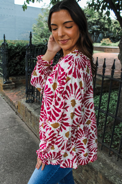 Chic Women's Red Floral Blouse with Tassel Tie Neck - Long Sleeve Top for Trendy Spring Fashion