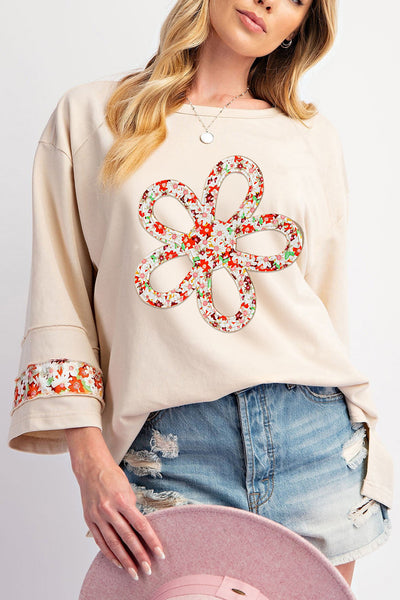 Women‚Äôs Beige Floral Graphic Blouse with Exposed Seams and Wide Sleeves - Perfect for Casual Chic Style