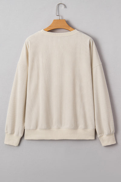 Beige Ribbed Loose Sweatshirt for Women with Corded Letter Graphic - Cozy Casual Top for Effortless Everyday Style