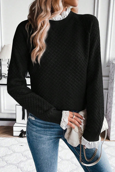 Women's Black Contrast Lace Frilled Trim Raglan Sleeve Sweater - Stylish, Comfortable Knit for Casual Elegance
