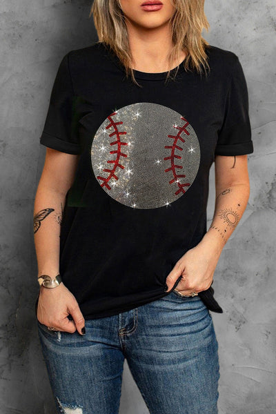 Rhinestone Embellished Baseball Graphic Tee with Round Neck
