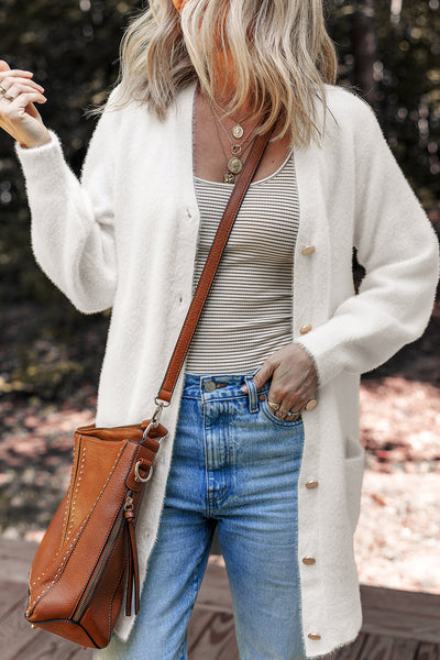 Chic Women's White Fuzzy Midi Cardigan - Cozy Button-Up Layer for Soft, Stylish Fall Fashion