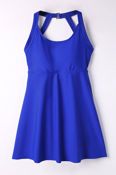 Blue Halterneck Skirted One Piece Swimsuit with Strappy Detail