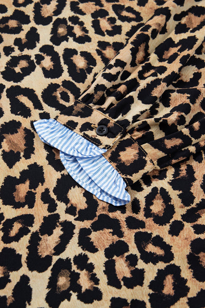 Women's Leopard Print Ruffle Blouse with Striped Contrast