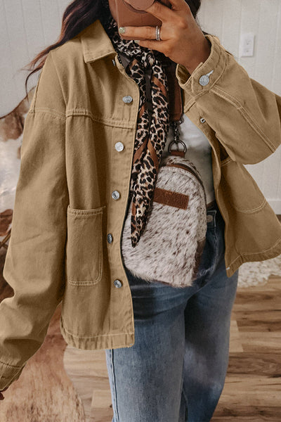 Chic Women's Parchment Boyfriend Denim Jacket with Patched Pockets and Button Front for Effortless Casual Style