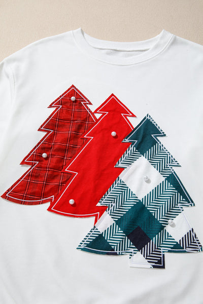 Women's Plaid Christmas Tree Patchwork Sweatshirt with Pearl Accents
