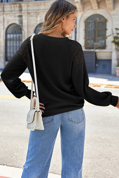 Elegant Women's Black Lace Long Sleeve Pullover - Textured Knit Top with Stylish Detailing & Cozy Comfort