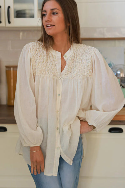 Stylish Beige Floaty Blouse for Women - Smocked Chest, Elastic Cuffs, Loose Fit for Ultimate Comfort