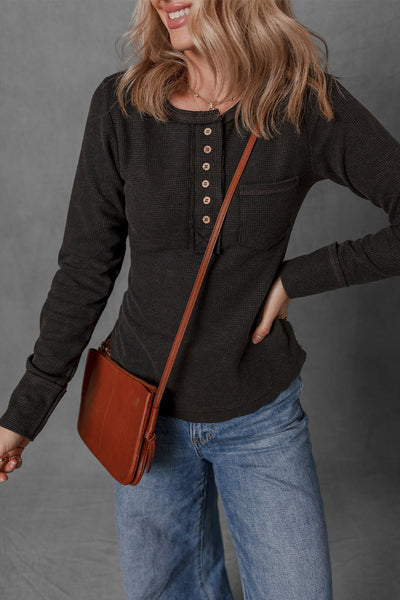 Women's Casual Black Mineral Wash Long Sleeve Henley Top with Waffle Knit and Pocket Perfect for Everyday Wear