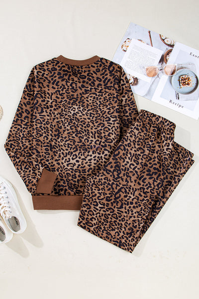 Stylish Women's Coffee Leopard Print Long Sleeve Top and Pants Set - Cozy Contrast Trim Loungewear Ensemble