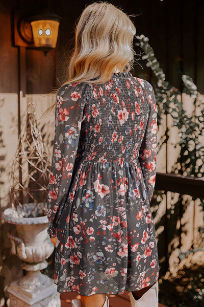 Women's Floral Smocked Bodice Mini Dress with Long Sheer Sleeves