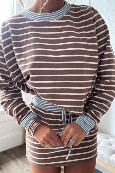 Trendy Women's Brown Striped Cropped Long Sleeve Top with Drawstring Mini Skirt Set - Stylish Patchwork Outfit made for easy styling and wardrobe