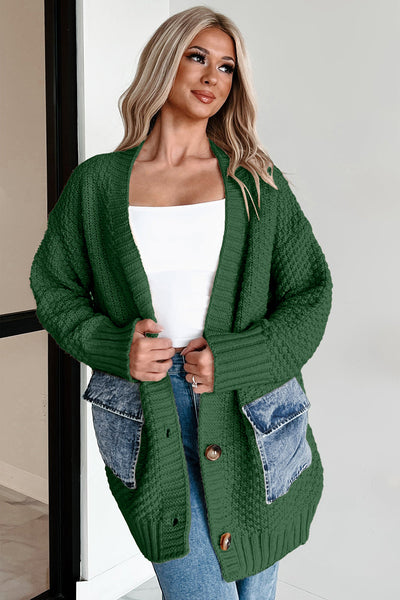 Trendy Women's Blackish Green Open Front Knitted Cardigan with Pockets - Chic Patchwork Design for Effortless Style