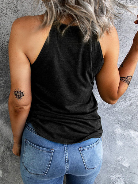 Sunflower Graphic Black Tank Top with American Flag Design