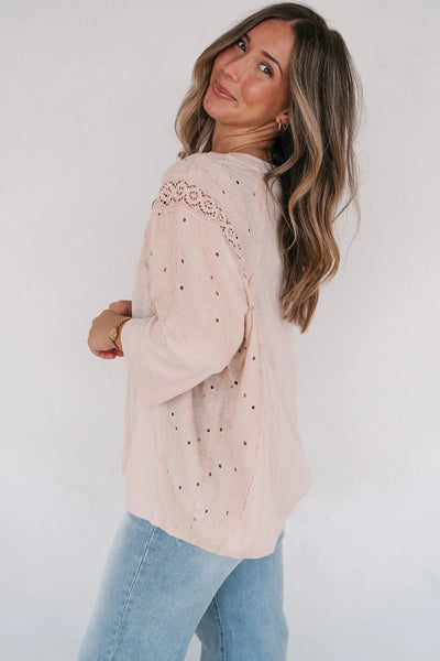 Apricot Pink Floral Lace T-Shirt for Women with Eyelet Patchwork and Bracelet Sleeves Stylish and Comfortable Top