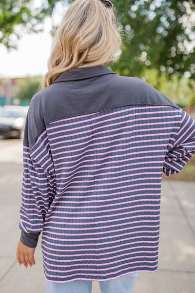 Women's Gray Stripe Ribbed Long Sleeve Polo Top with Contrast Collar - Stylish and Comfortable Casual Wear