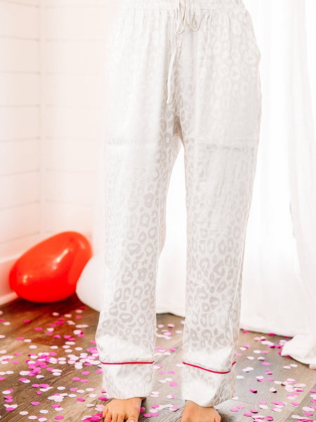Leopard Print Satin Pajama Set with White Long Sleeve Top and Pants