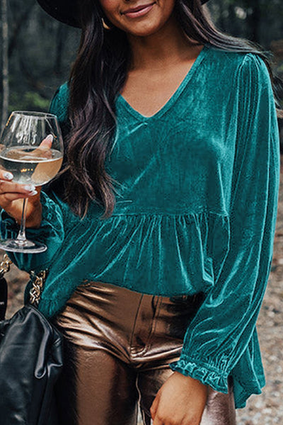 Chic Sea Green Velvet V-Neck Blouse with Puff Sleeves and Peplum Hem for Women‚Äôs Elegant Casual Style