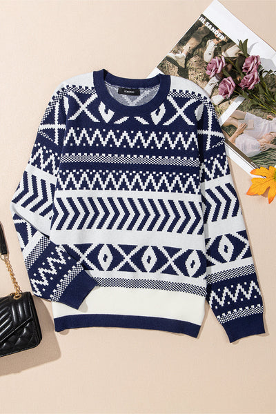 Cozy Women's Navy Blue Abstract Print Pullover Sweater - Stylish Knit Top for Effortless Casual Chic Outfits