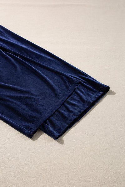 Chic Women's Navy Blue Velvet Ruffled Two-Piece Pants Set - Stylish Comfort for Casual and Dressy Events
