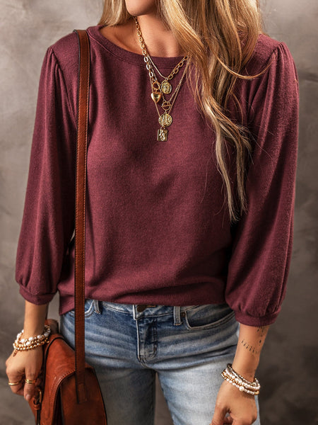 Crimson Dahlia Elegant 3/4 Sleeve Crew Neck Blouse