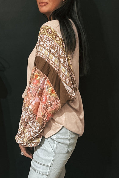 Trendy Women's Floral Patchwork Puff Sleeve Waffle Knit Top in Parchment - Chic and Comfortable for Any Occasion