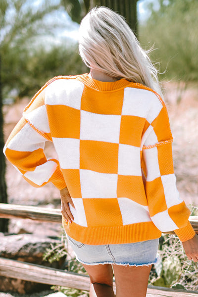 Women's Cozy Orange Checkered Bishop Sleeve Sweater - Stylish Knit Pullover for Fall Fashion and Casual Wear