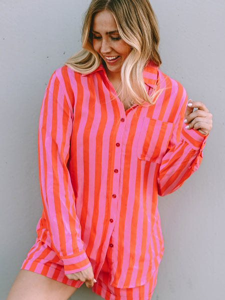 Orange Stripe Print Shirt and Shorts Lounge Set