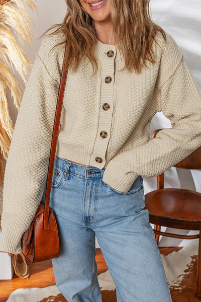 Stylish Women's Beige Cropped Cardigan Sweater - Cozy Button-Up Fit Perfect for Fall and Winter Layering