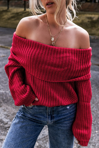 Cozy Women's Off-the-Shoulder Knit Sweater in Racing Red - Stylish Fall Fashion for Casual Outings and Everyday Wear