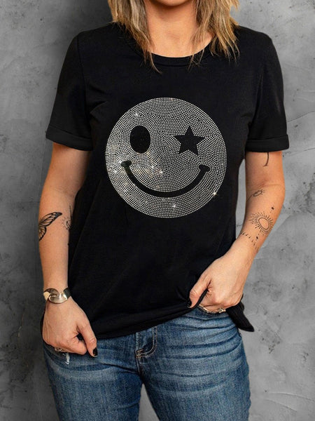 Sparkling Black Rhinestone Smile Face Sequin Graphic Tee