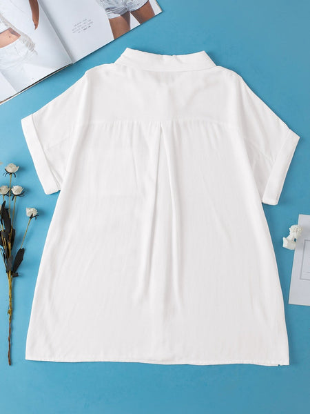 Rolled Sleeve White Shift Shirt with Chest Pocket