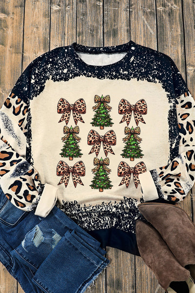 Cozy Oversized Women's Black Leopard Print Tie-Dye Sweatshirt with Bow Detail for Stylish Holiday Comfort