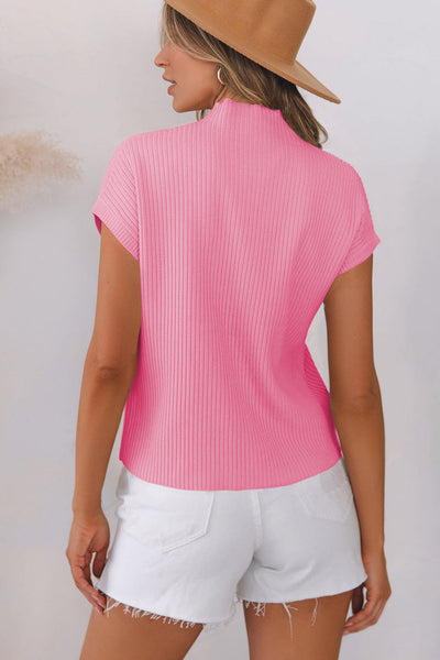 Chic Women's Pink Ribbed Knit Sweater with Short Sleeves and Stylish Patch Pockets for Effortless Casual Style