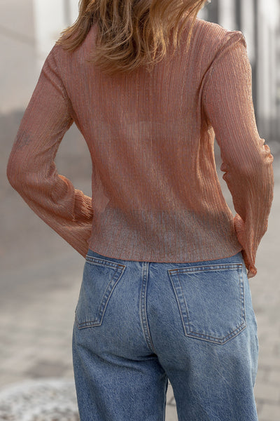 Women's Lightweight Clay Semi-Sheer Long Sleeve Mock Neck Top - Trendy Fall Essential for Effortless Style