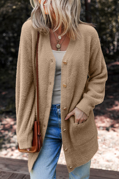 Chic Smoke Gray Fuzzy Midi Cardigan for Women - Button Front, Ideal for Layering and Casual Everyday Wear