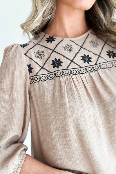 Women's Embroidered Puff Sleeve Blouse in Parchment - Chic Round Neck Top for Effortless Casual Style