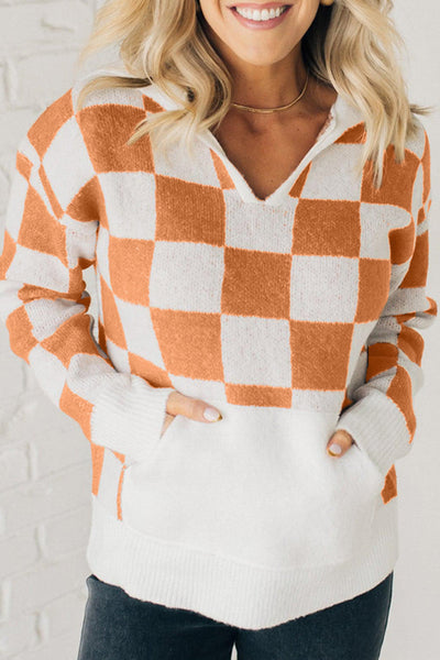 Cozy Women's Gold Flame Checkered Hooded Sweater with Split Neck & Kangaroo Pocket - Perfect for Fall Fashion