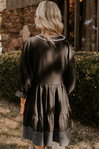 Women's Black Tiered Mini Dress with V-Neck and 3/4 Sleeves - Trendy, Comfortable Style for Every Occasion